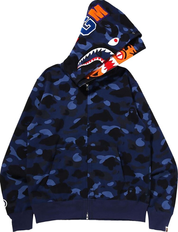 BAPE Color Camo Tiger Shark Wide Full Zip Double Hoodie Navy CDEK.Shopping