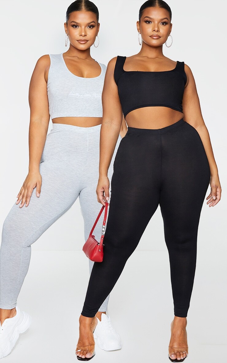 

PrettyLittleThing Набор из 2 базовых трикотажных леггинсов Plus черного и серого цвета