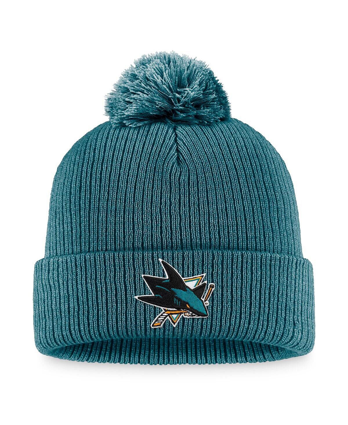 

Мужская бирюзовая вязаная шапка с логотипом San Jose Sharks Core Primary, манжетами и помпоном Fanatics