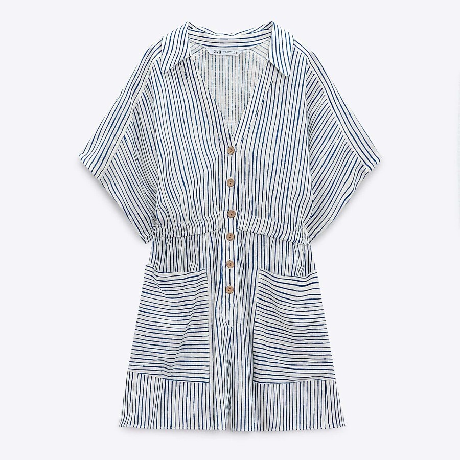 

Комбинезон Zara Linen-blend, синий/белый