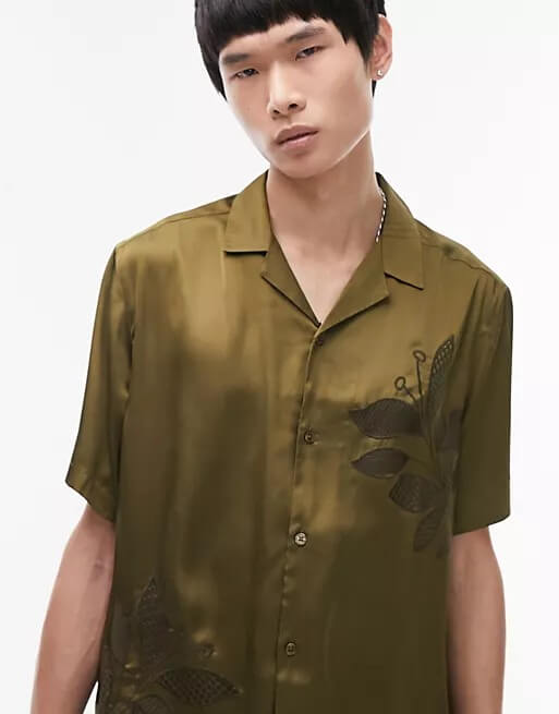 Рубашка Topman Embroidered Satin, хаки цена и фото