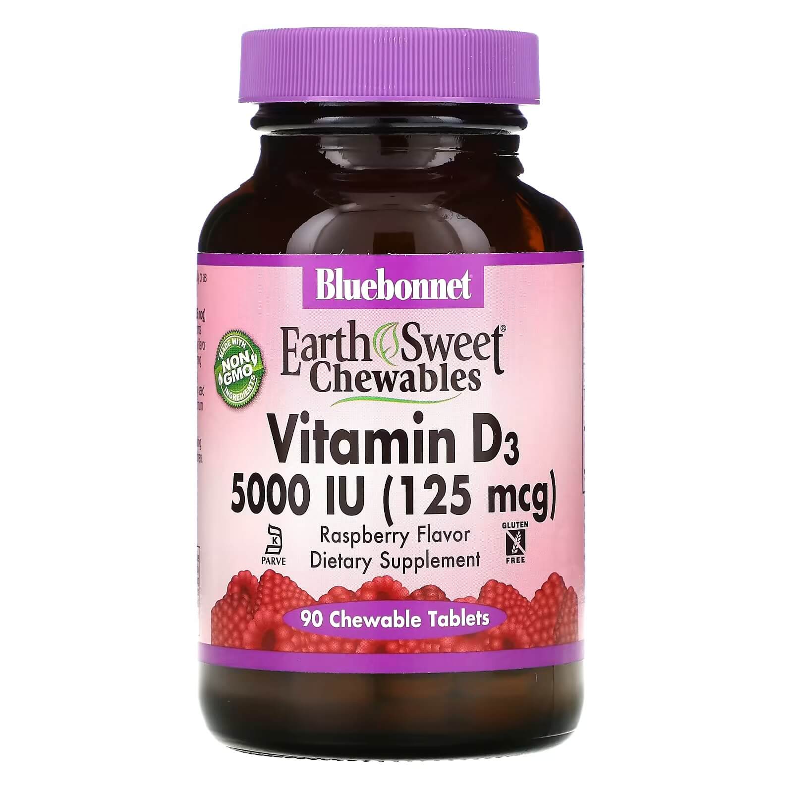 Витамин D3 5000 МЕ Bluebonnet Nutrition малина, 90 таблеток витамин c апельсиновый вкус bluebonnet nutrition 250 мг 90 таблеток