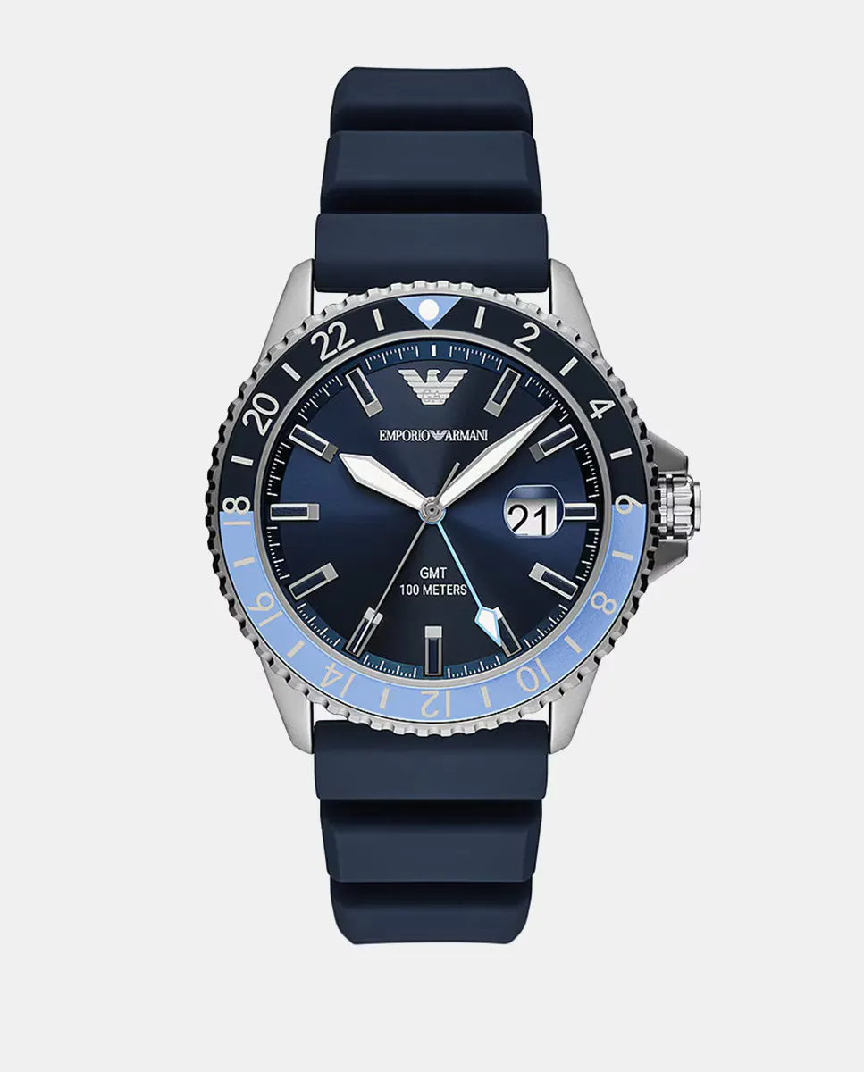 

AR11592 GMT Dual Синие силиконовые мужские часы Emporio Armani, синий