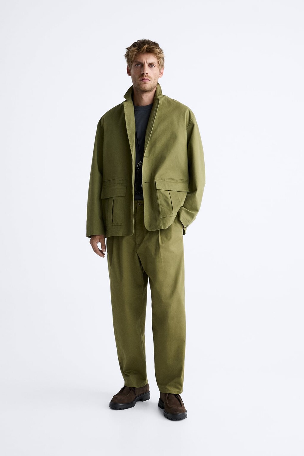 

Хлопковые брюки со складками ZARA, хаки