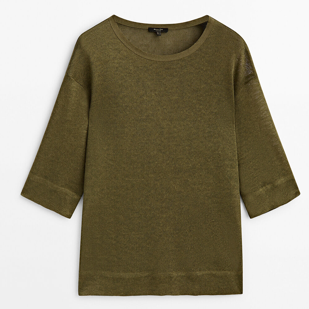 

Футболка из 100% льна с рукавами 3/4 Massimo Dutti, хаки