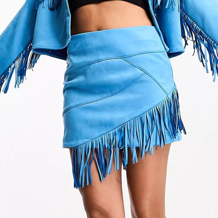 

Юбка Something New X Flamefaire Faux Suede Western Tassel Mini Co-ord, голубой