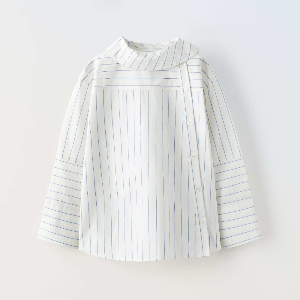 Рубашка для девочек Zara With Collar Detail, голубой/белый рубашка zara with bib detail белый
