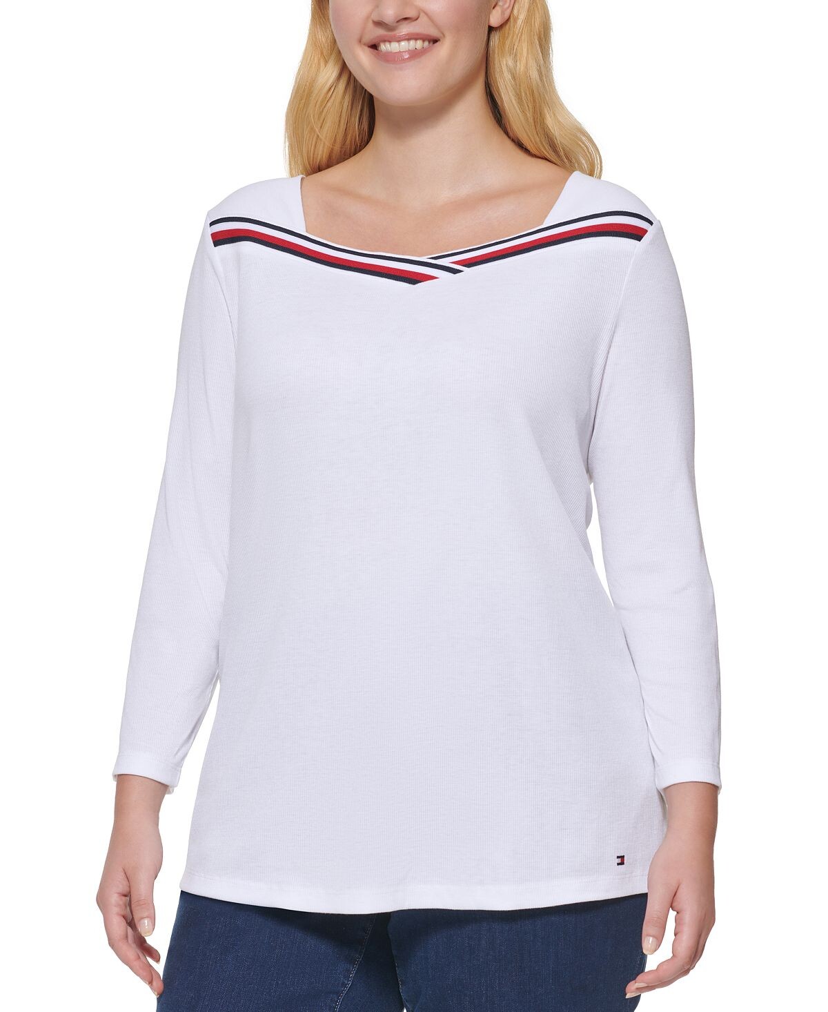 

Топ больших размеров в рубчик с рукавами 3/4 Tommy Hilfiger, белый