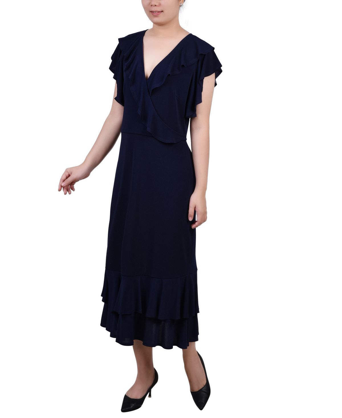 цена Миниатюрное платье с короткими развевающимися рукавами и рюшами NY Collection, синий