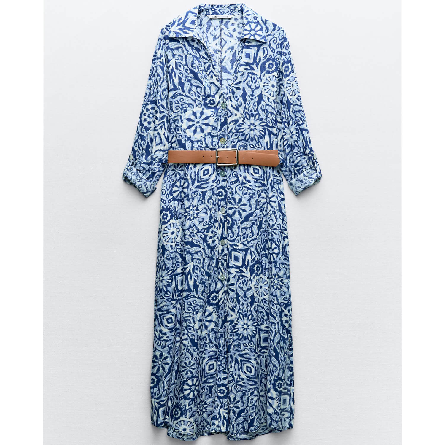 Платье-рубашка Zara Printed Midi With Belt, синий/белый рубашка zara printed satin синий белый