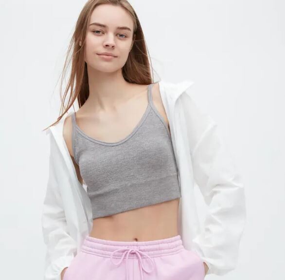 

Топ-бюстгальтер укороченный в рубчик на бретелях Uniqlo Ribbed Cropped Camisole Bra, серый