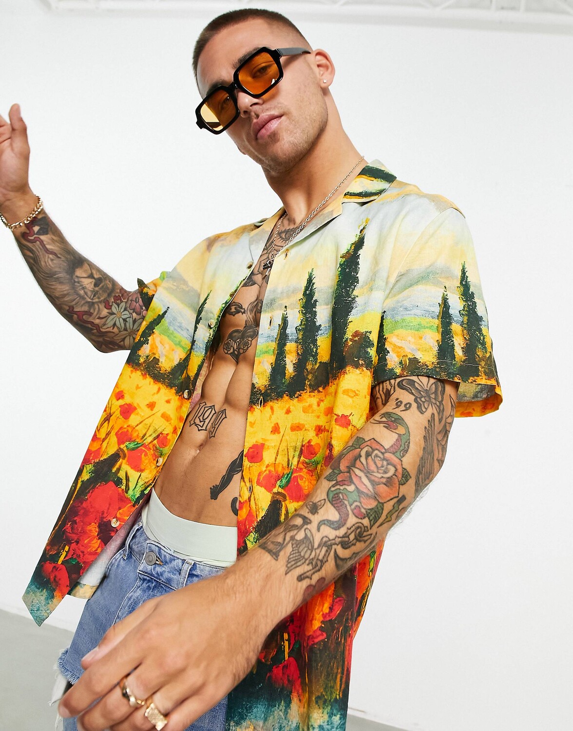 

Свободная рубашка из смесового льна с живописным принтом ASOS DESIGN
