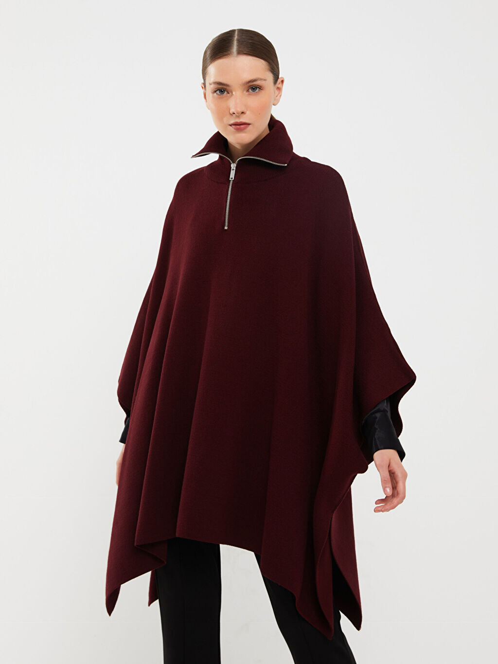 

Однотонное женское трикотажное пончо оверсайз с воротником поло LCW Modest