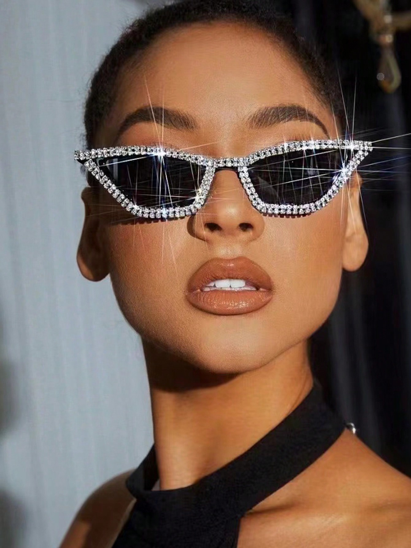 1шт Женские модные черные солнцезащитные очки «кошачий глаз» со стразами Для повседневного использования