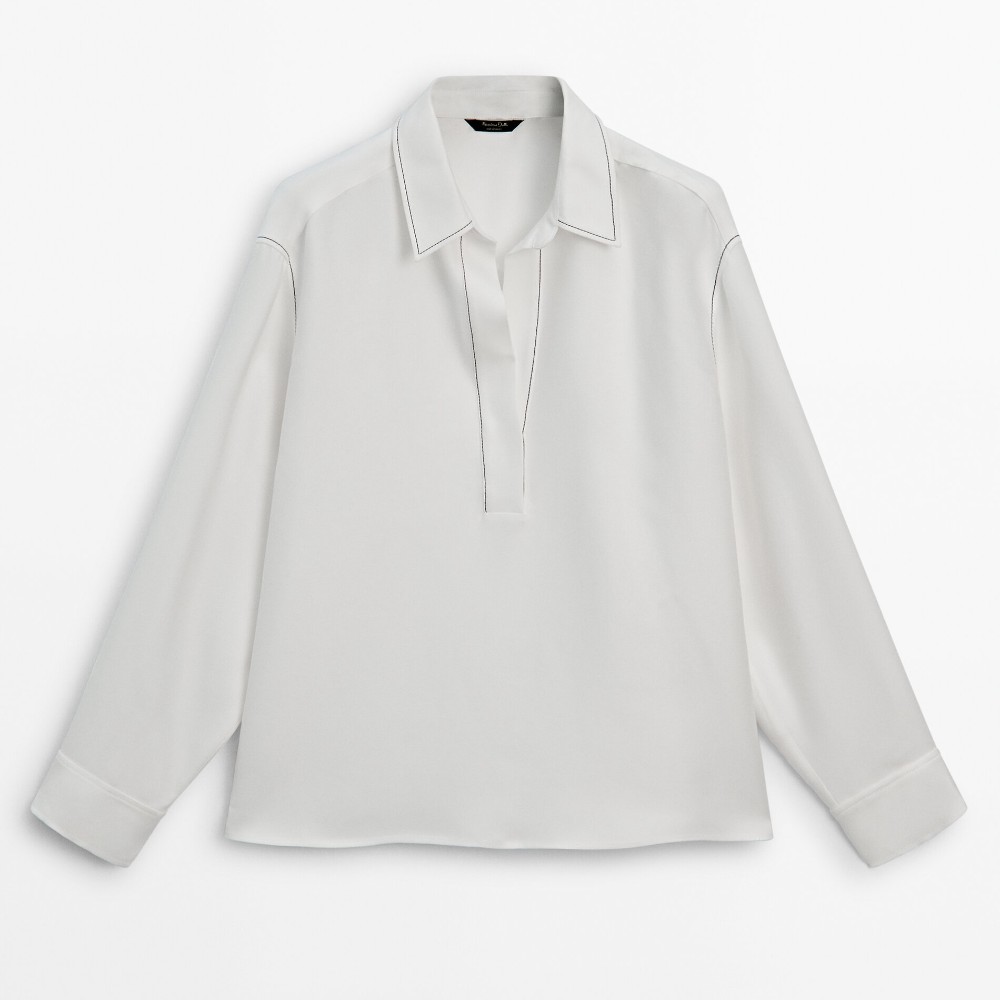 Рубашка Massimo Dutti Polo Collar With Contrast Topstitching Detail, кремовый рубашка zara poplin with contrast topstitching бежевый