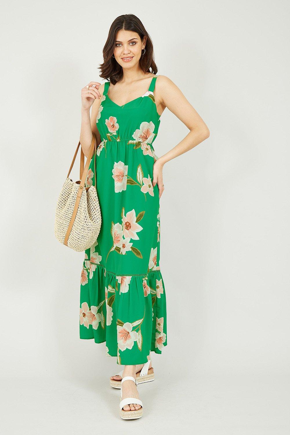 Зеленое платье-макси с цветочным принтом Yumi, зеленый