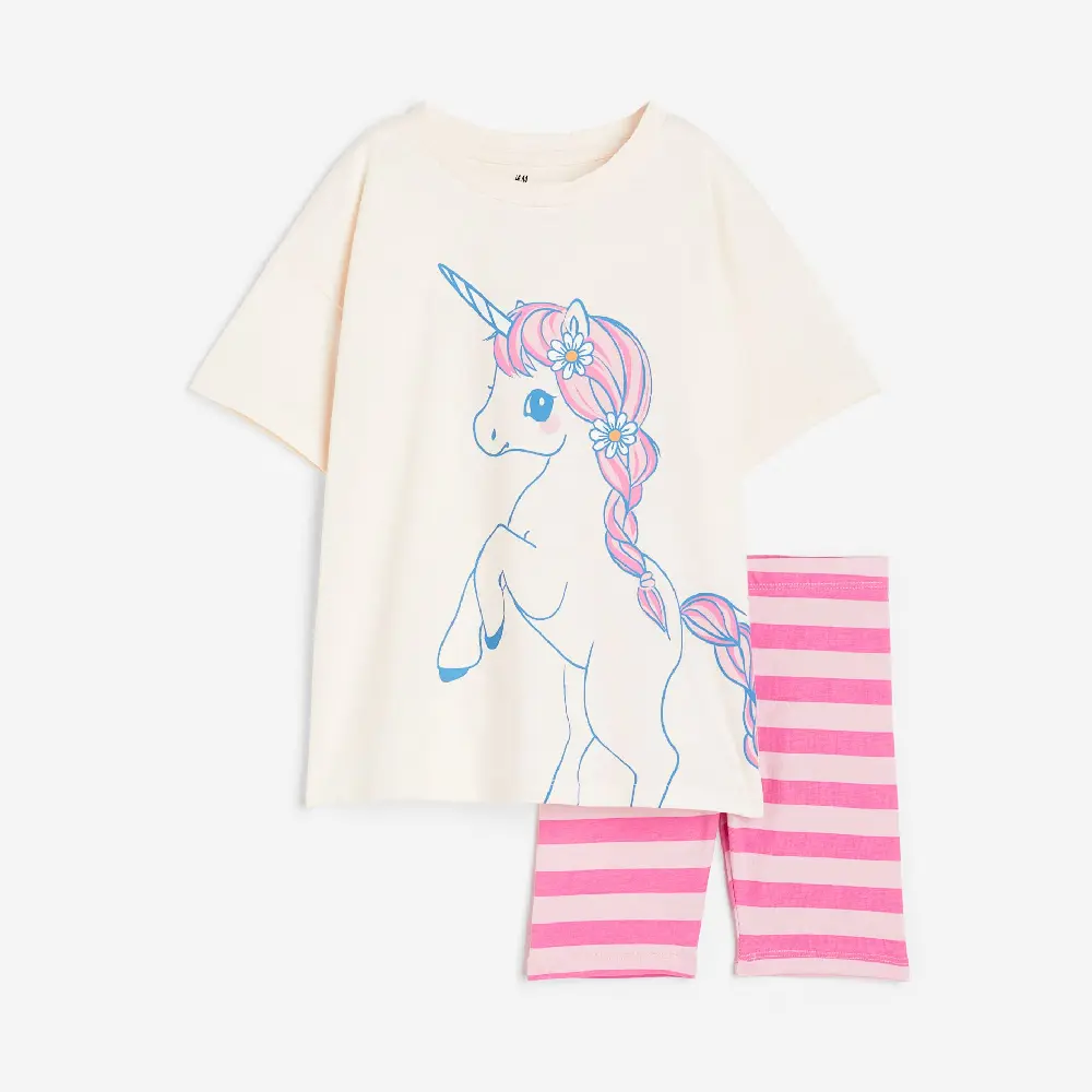 

Комплект, футболка + велосипедки H&M Kids Printed Unicorn, светло-бежевый/розовый
