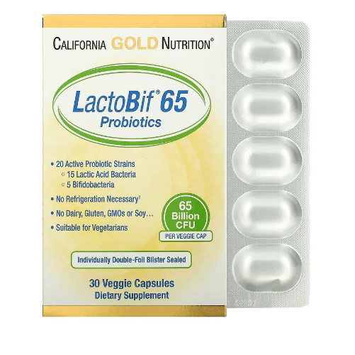 Пробиотики LactoBif 65 миллиардов КОЕ 30 капсул California Gold Nutrition california gold nutrition lactobif 65 пробиотики 65 миллиардов кое 30 растительных капсул