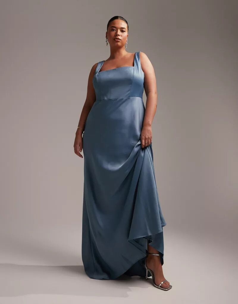 Темно-синее атласное платье макси с квадратным вырезом ASOS DESIGN Bridesmaid Curve