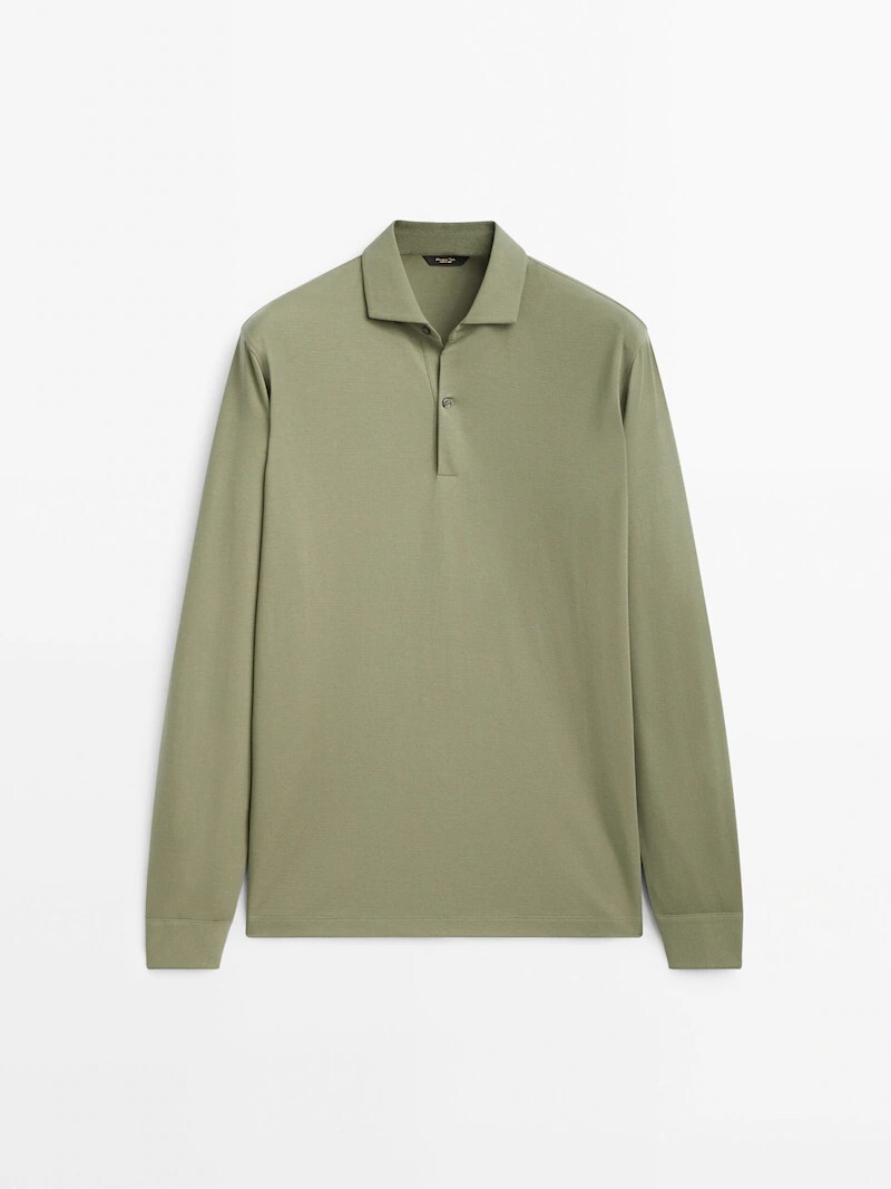 

Рубашка-поло из микротекстурированного хлопка с длинными рукавами Massimo Dutti, зеленый