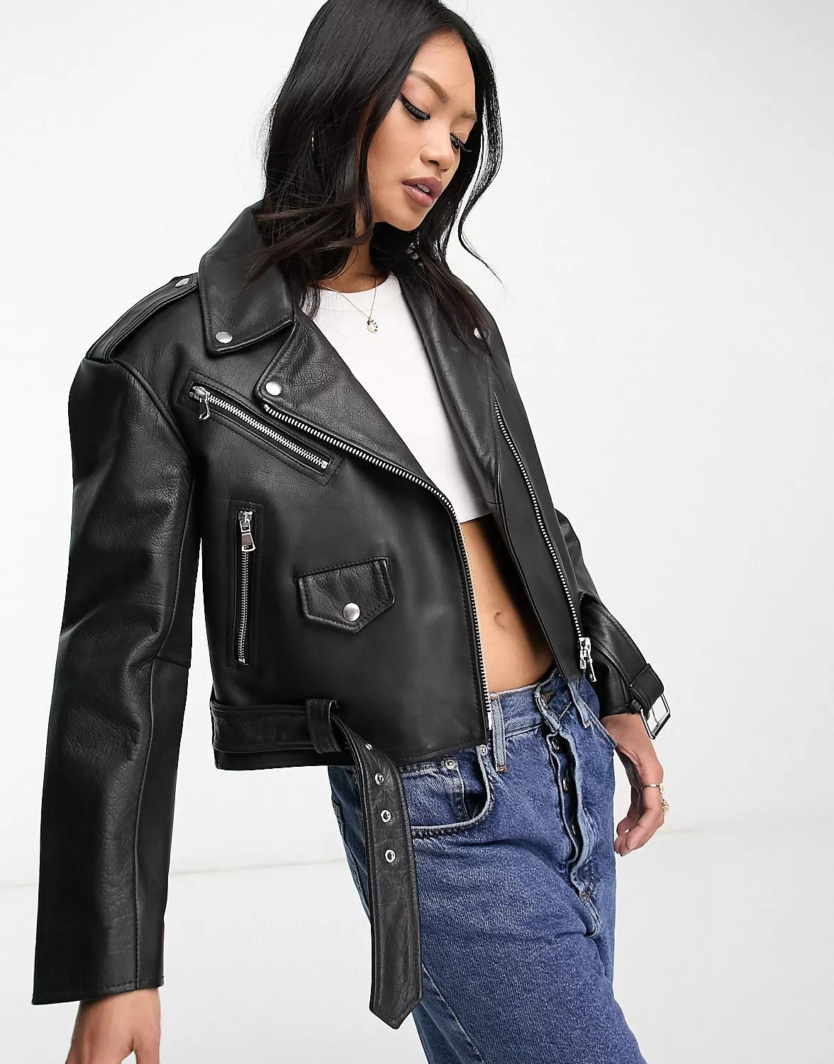 Куртка Asos Design Textured Premium Real Leather Biker, черный