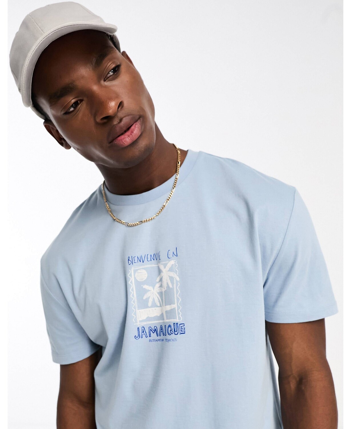 

Синяя футболка свободного кроя с пляжным принтом на груди ASOS DESIGN