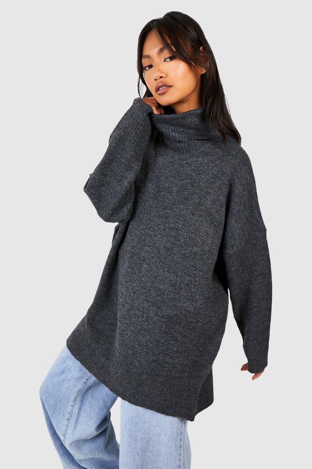 

Вязаный длинный джемпер с высоким воротником boohoo, серый