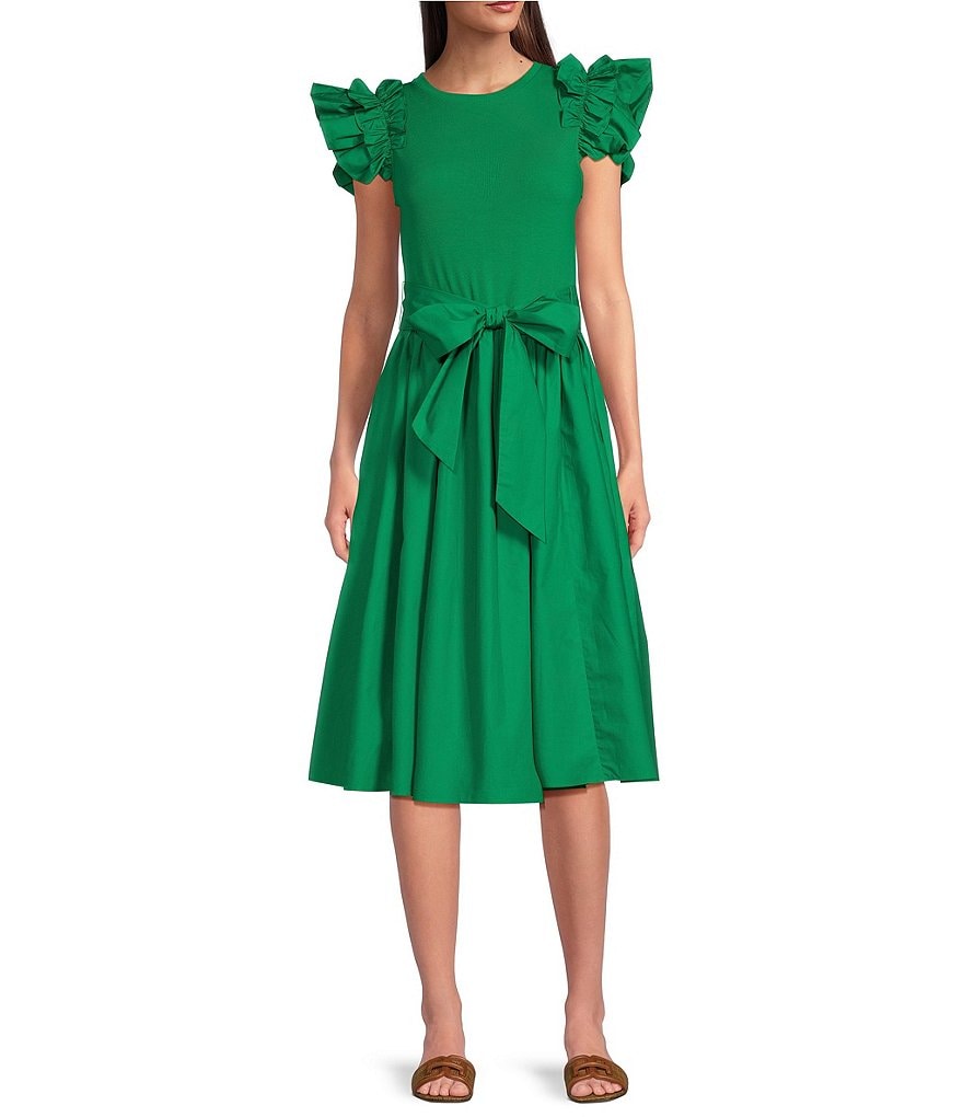 Платье миди в рубчик с круглым вырезом и оборками и рукавами-крылышками Gibson & Latimer, зеленый