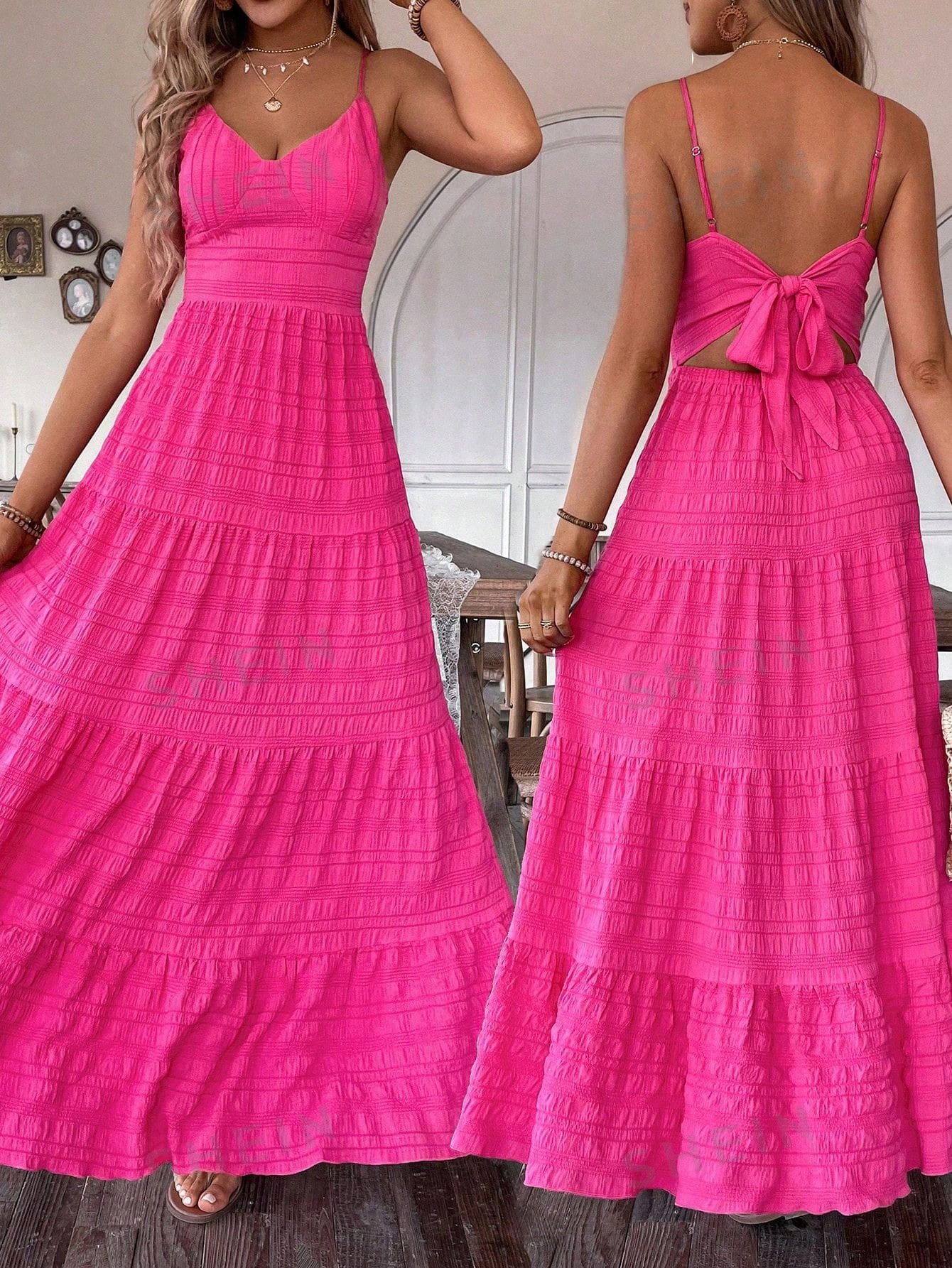 SHEIN Женское платье макси на тонких бретельках Frenchy с рюшами и подолом, ярко-розовый