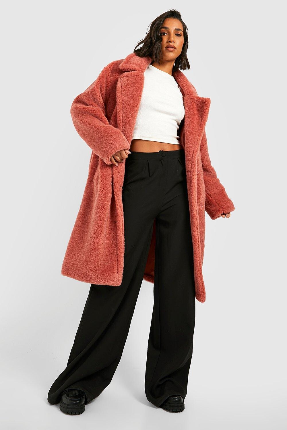 

Пальто с поясом из искусственного меха Boohoo, персиковый