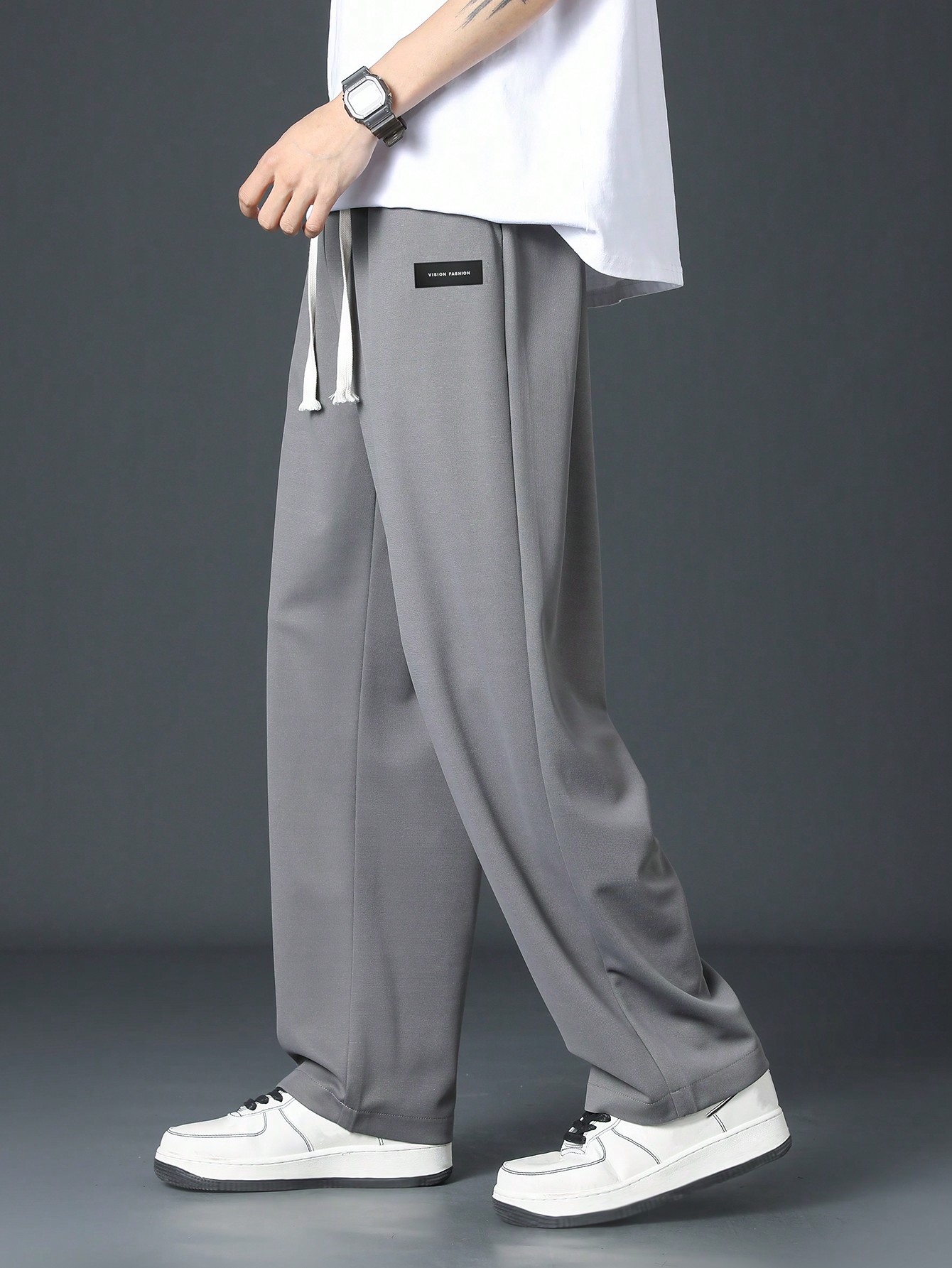 Мужские простые повседневные длинные брюки цвета хаки с завязками на талии, серый