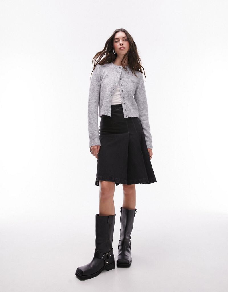 Черная джинсовая юбка со складками до колена Topshop