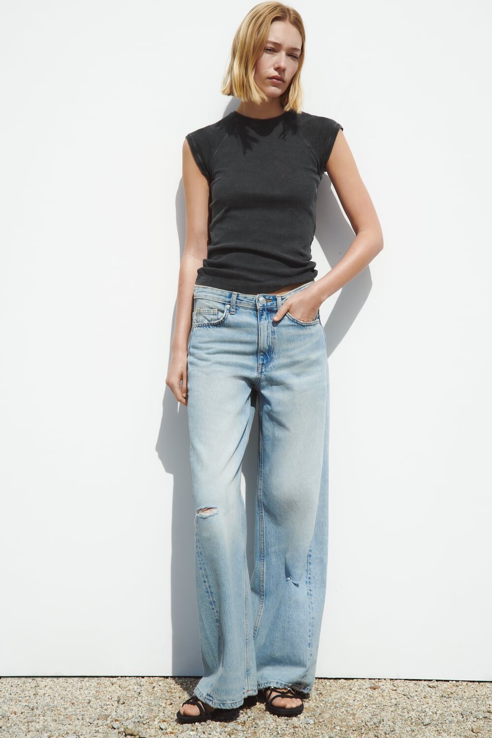 

Футболка из хлопка с потерянным эффектом ZARA, Серый