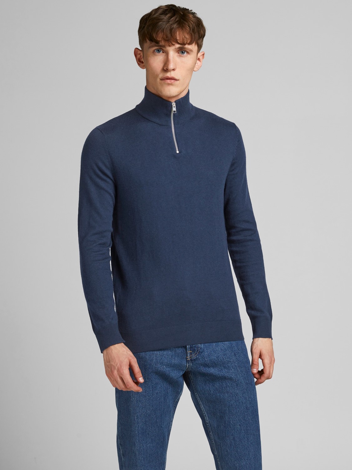 Пуловер Jack & Jones Dünner Strick Half Zip Stehkragen Sweater JJEEMIL, темно синий