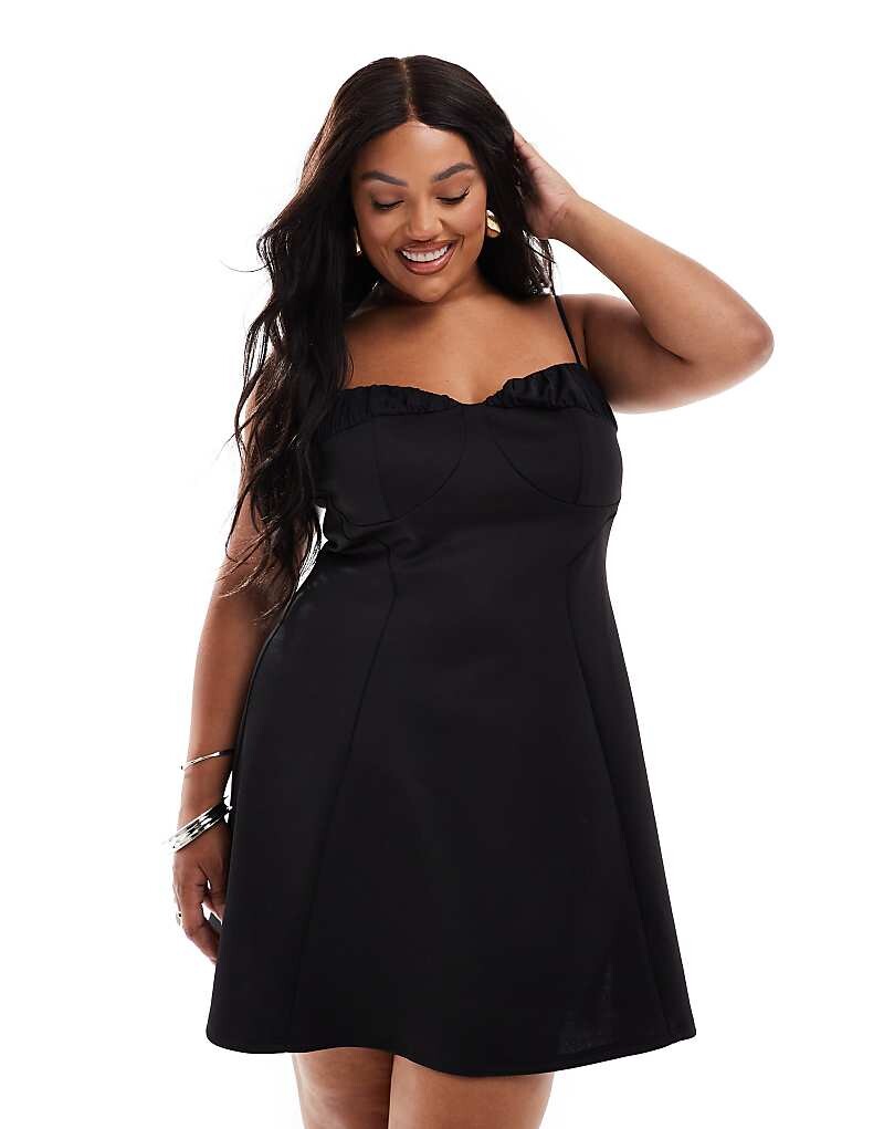 

ASOS DESIGN Curve – Черное платье мини со сборками и бретелями