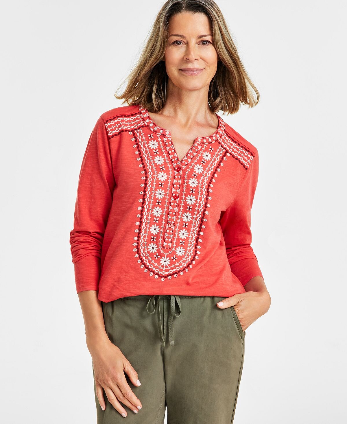 

Женский вязаный топ Henley с вышивкой Style & Co