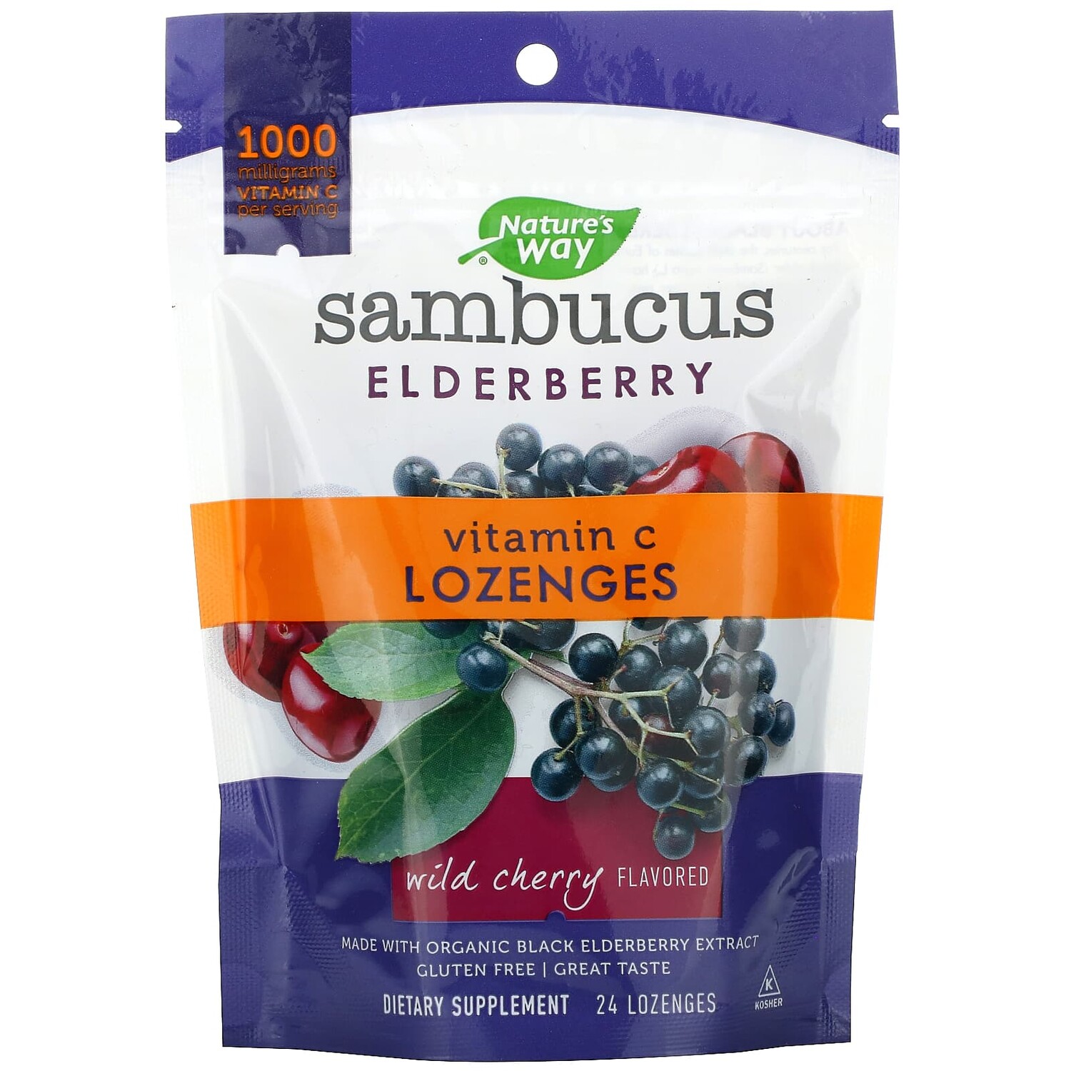 

Sambucus Elderberry, пастилки с бузиной и витамином C, со вкусом вишни, 24 пастилки, Nature's Way