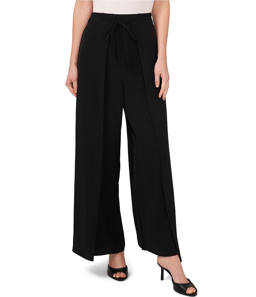 цена CeCe Широкие брюки из твила со складками и асимметричным подолом спереди, черный
