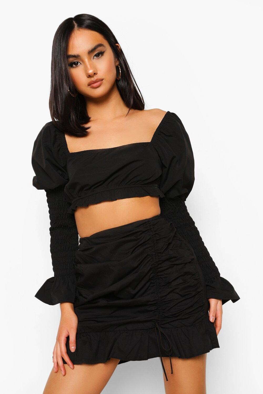 

Мини-юбка из хлопка с орбками по бокам Boohoo, черный
