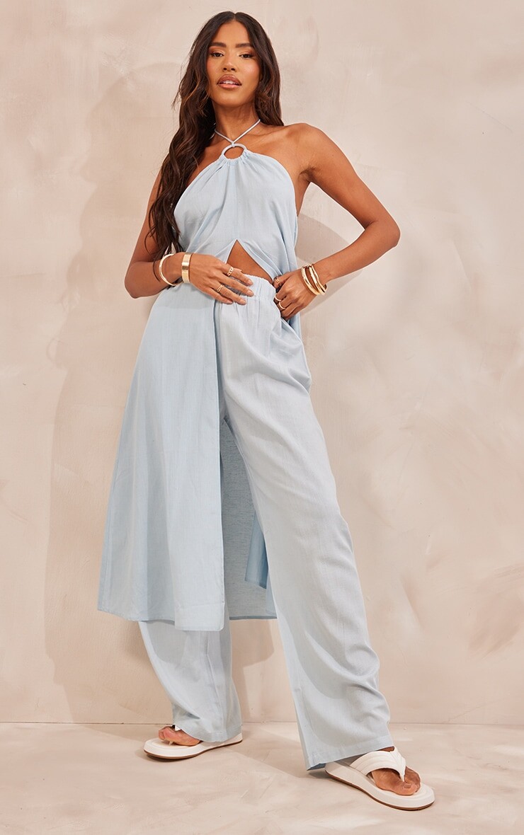 

PrettyLittleThing Бледно-голубые широкие брюки с высокой талией и льняным эффектом, Синий