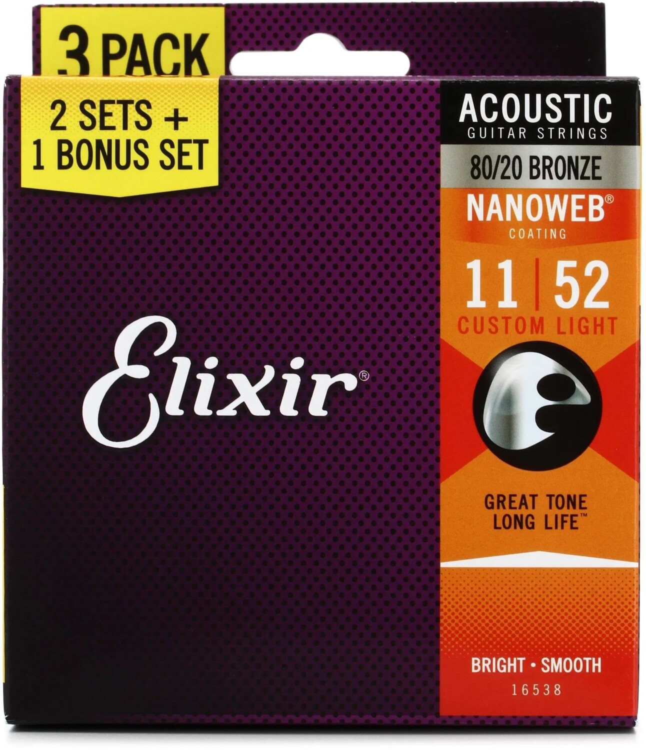 

Струны Elixir Strings 16538 Nanoweb 80/20 для акустической гитары — .011-.052 Custom Light, 3 шт.