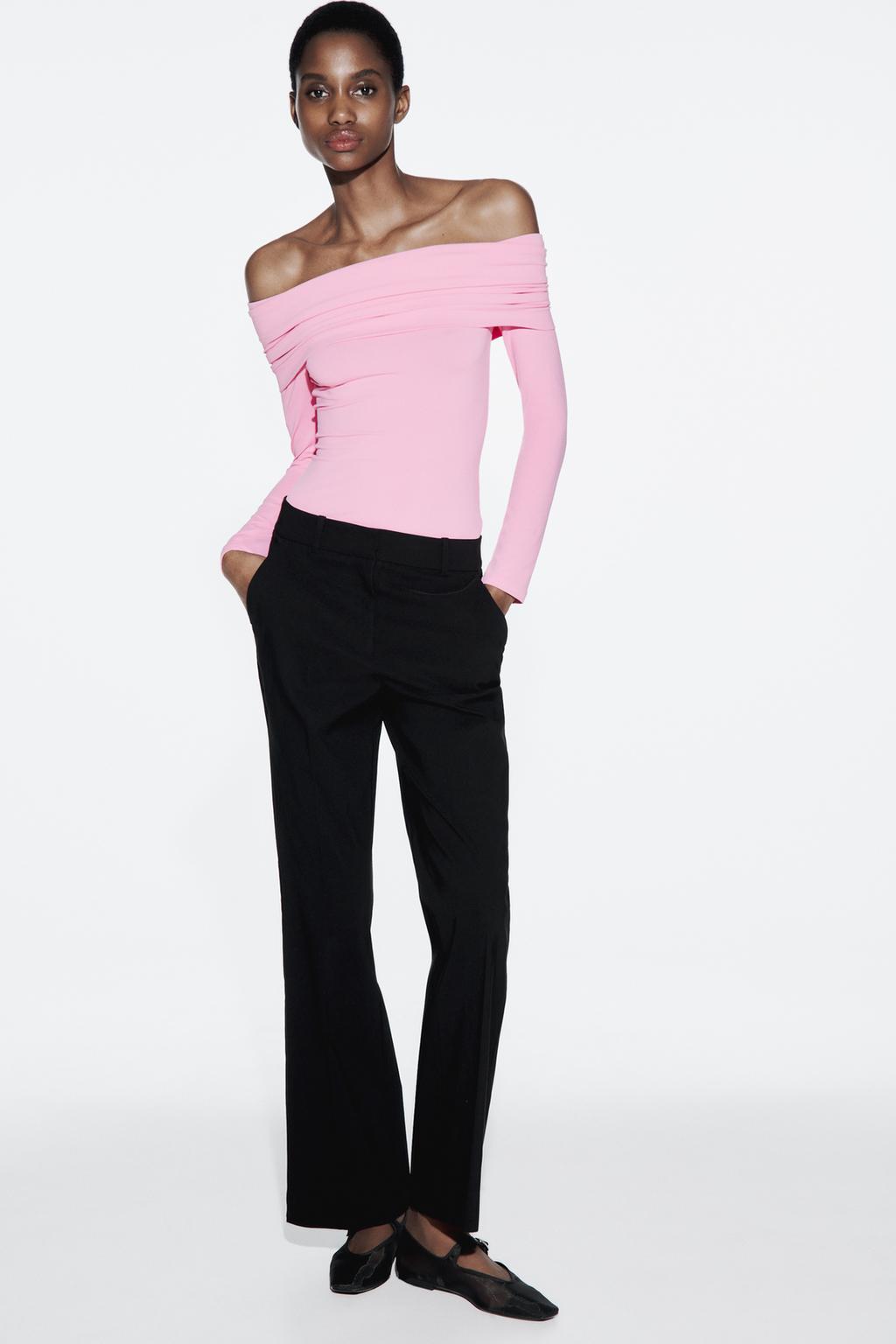 Топ из полиамида с открытыми плечами ZARA, светло-розовый топ с открытыми плечами и длинными рукавами asos design