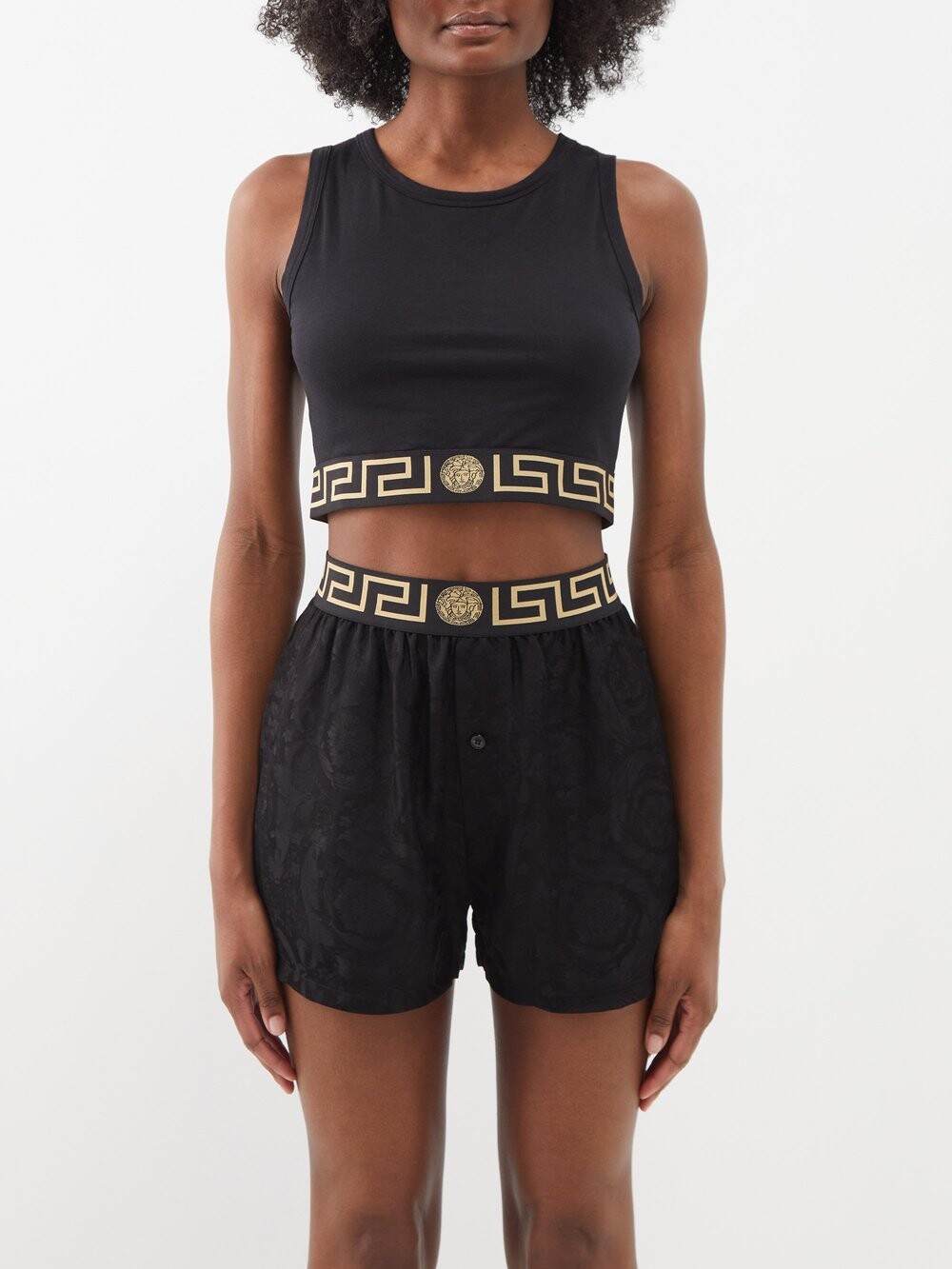

Пижамный топ из смесового хлопка с грека-жаккардом Versace, черный