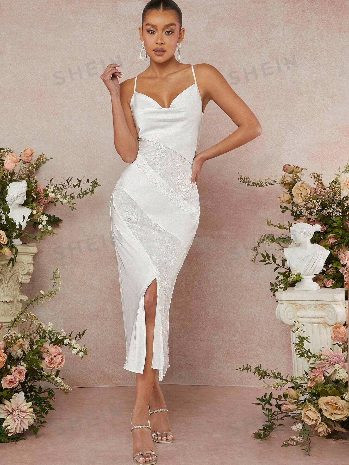 SHEIN Haute Платье с кружевными вставками и драпировкой и разрезом на шее, белый