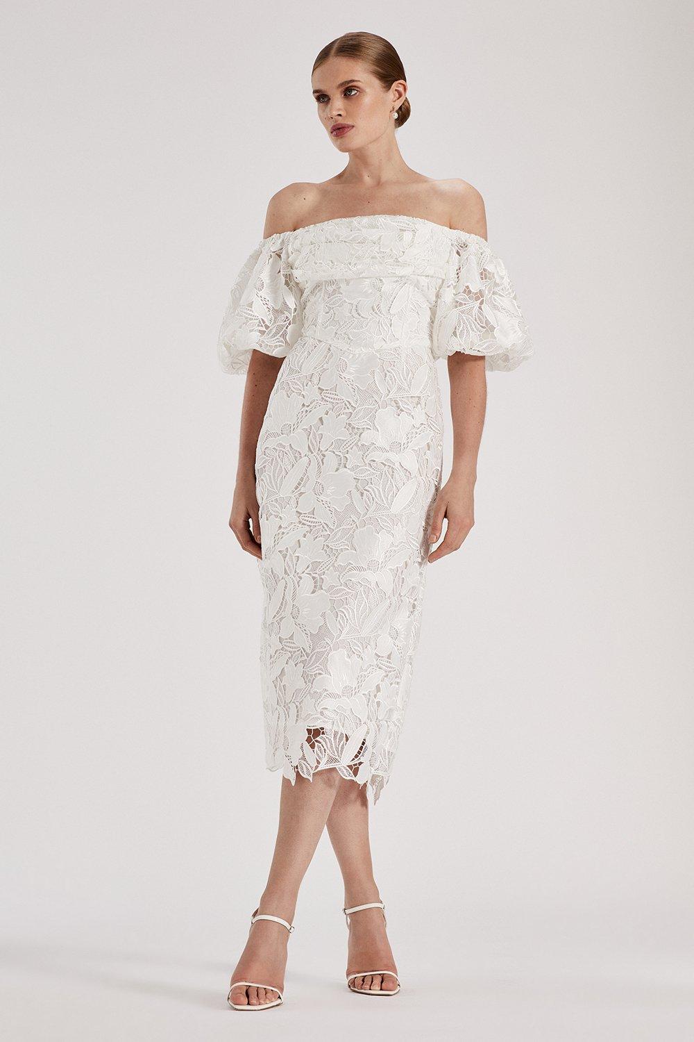 Кружевное платье с открытыми плечами в стиле RSN Coast, белый