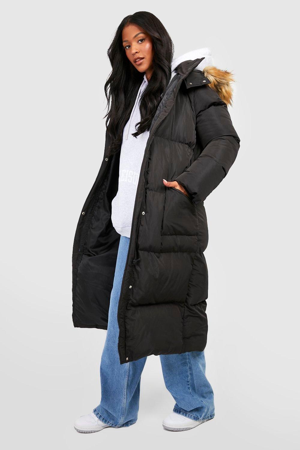 Длинное утепленное пальто с капюшоном из искусственного меха Boohoo, черный пальто из искусственного меха длинное зимнее утепленное однотонное приталенное с капюшоном из искусственного меха