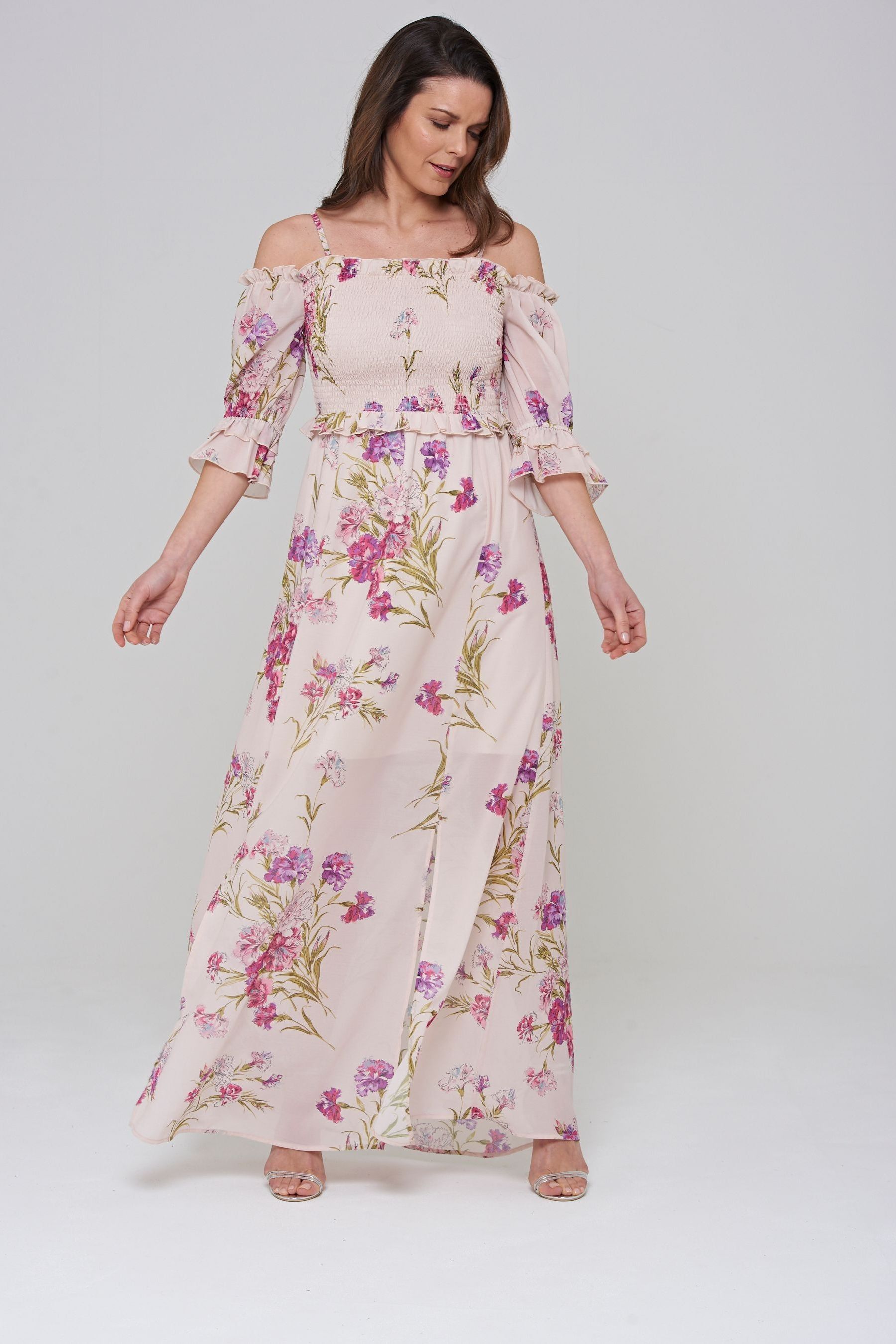 Платье макси с открытыми плечами и цветочным принтом Frock And Frill Frock and Frill, розовый