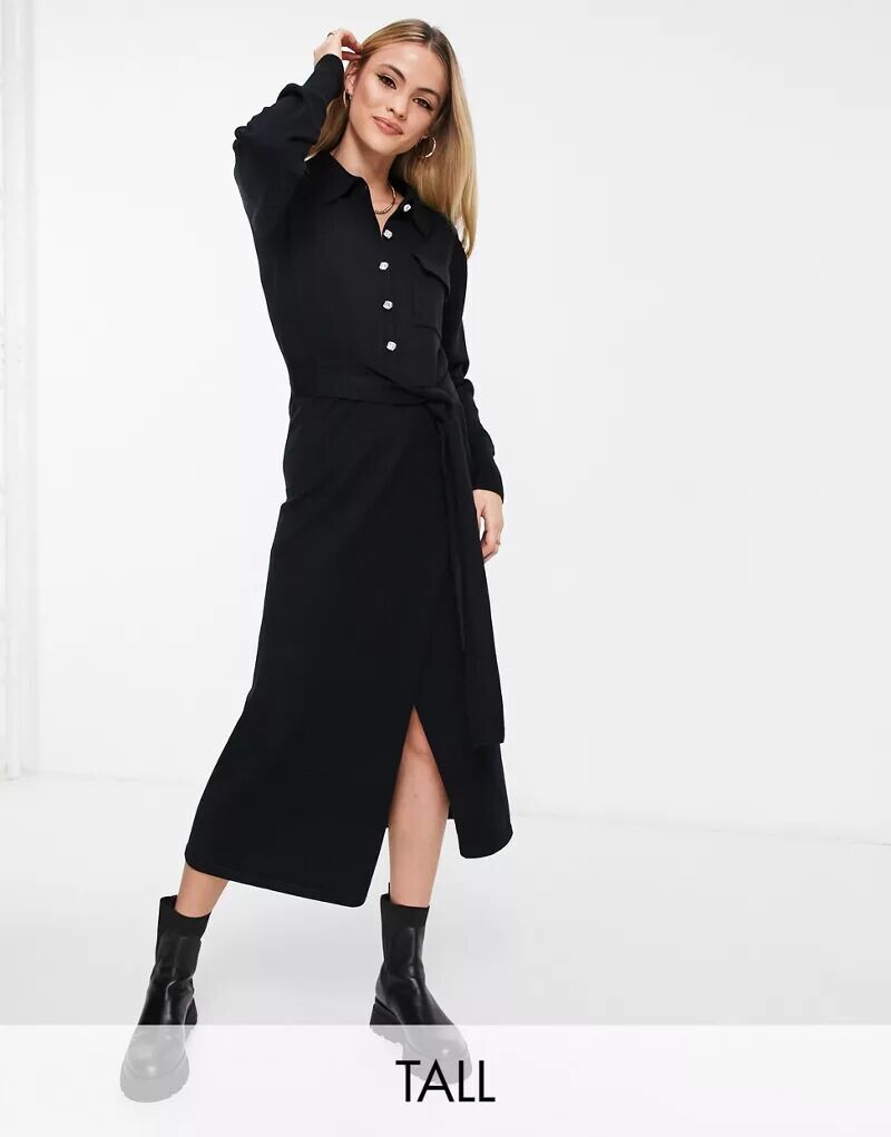 

Черное трикотажное платье миди-рубашки River Island