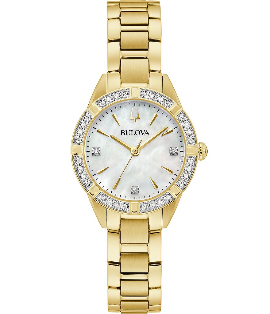 цена Женские часы Bulova Sutton Collection с браслетом из перламутра и кристаллами, золотой