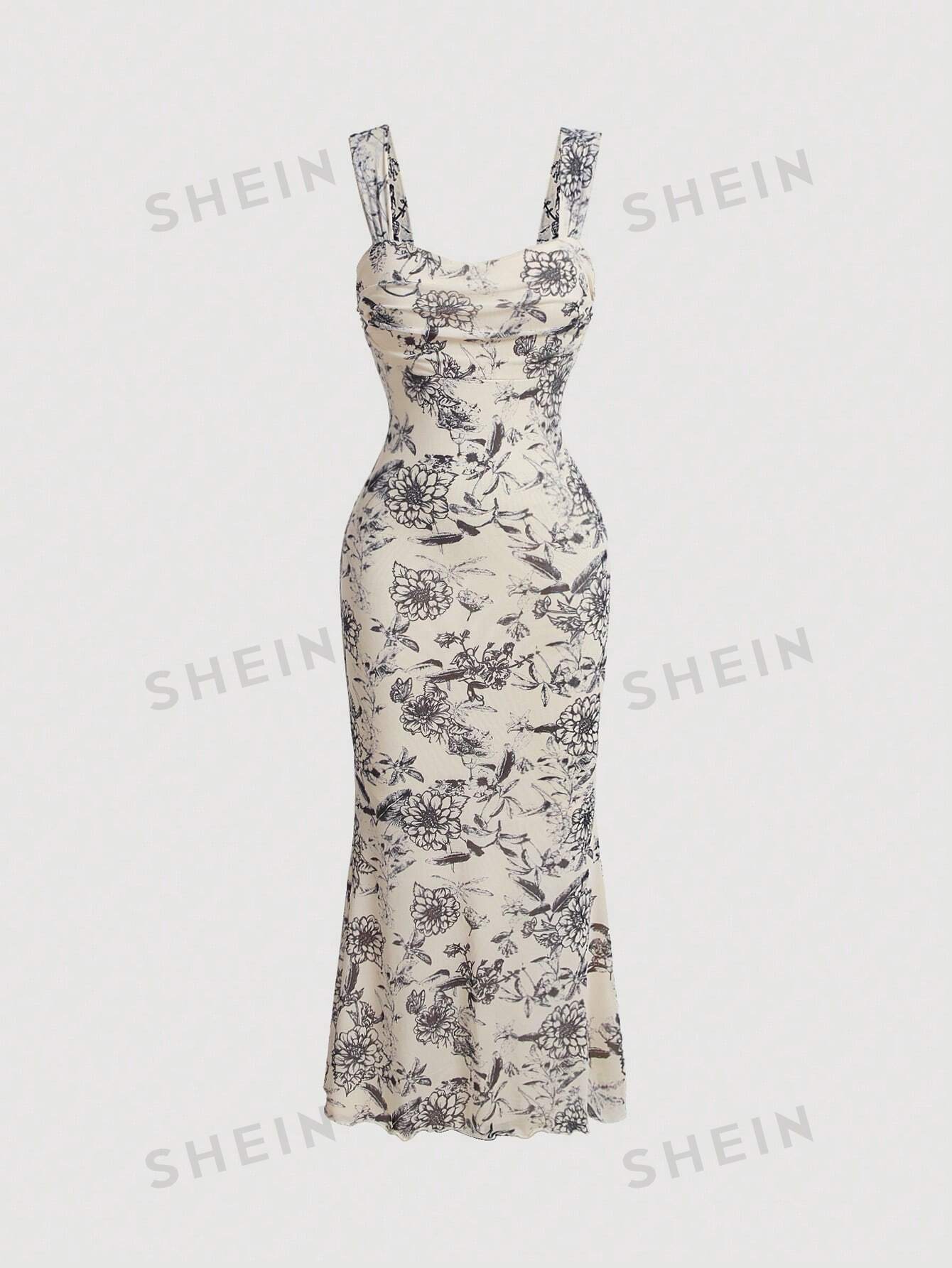 SHEIN MOD Платье трапециевидной формы без рукавов с цветочным принтом и высоким низом на талии, многоцветный